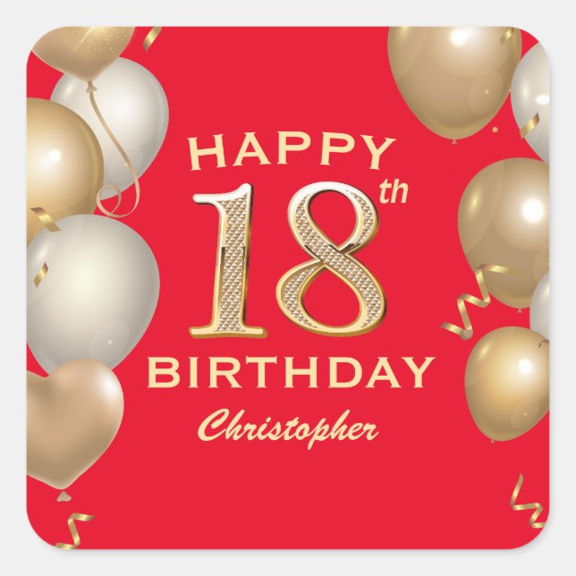 Sticker Carré 18e fête d'anniversaire Ballons rouge et or (Devant)