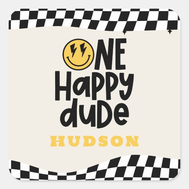 Sticker Carré 1anniversaire sourire visage rétro noir blanc supe (Devant)