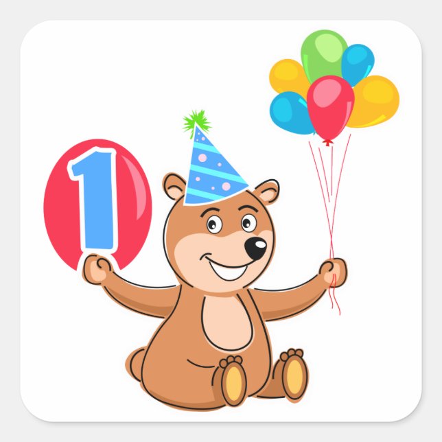 Sticker Carré 1er anniversaire Ballons à ours Brown (Devant)