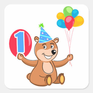 Sticker Carré 1er anniversaire Ballons à ours Brown