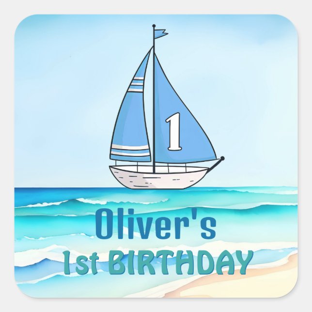 Sticker Carré 1er anniversaire Bateau à voile (Devant)
