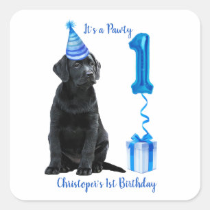 Sticker Carré 1er Anniversaire Chiot Thème - Chien bleu mignon G