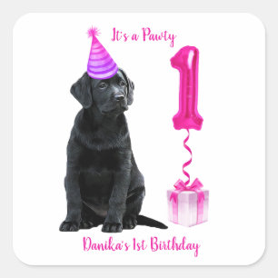 Sticker Carré 1er Anniversaire Chiot Thème - Mignonne Chien Rose