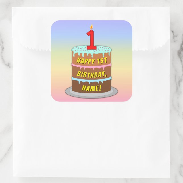 Sticker Carré 1er anniversaire : Fun Cake and Candle + Nom perso (Sac)