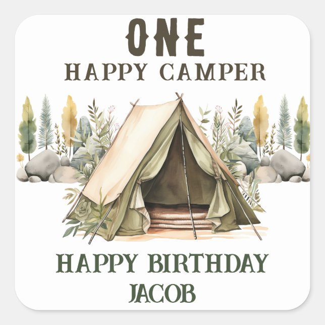 Sticker Carré 1er anniversaire Happy Camper Anniversaire de enfa (Devant)