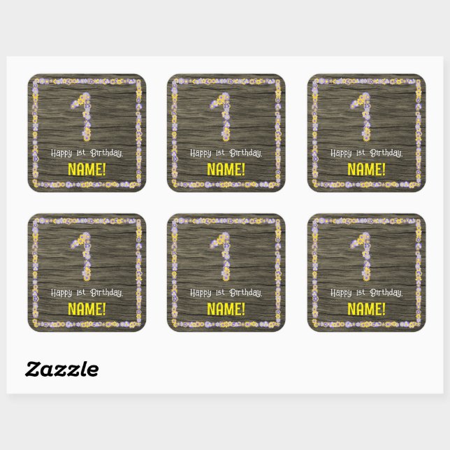 Sticker Carré 1er Anniversaire : Numéro Floral, Faux Wood Look,  (Feuille)