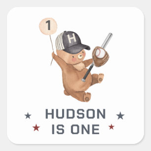 Sticker Carré 1er Anniversaire Ours De Baseball