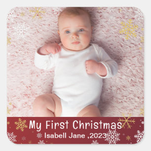 Sticker Carré 1er Noël Photo moderne Bébé Snowflakes blanc
