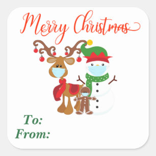 Sticker Carré 2020 Reindeer Snowman masque visage Cadeau