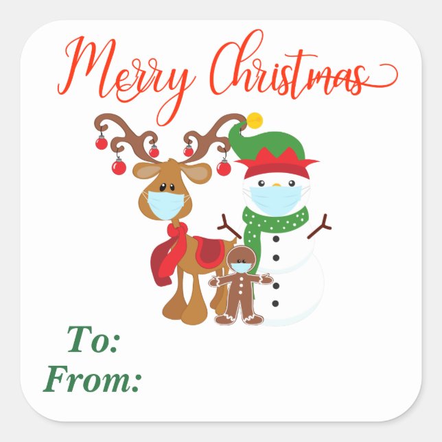 Sticker Carré 2020 Reindeer Snowman masque visage Cadeau (Devant)