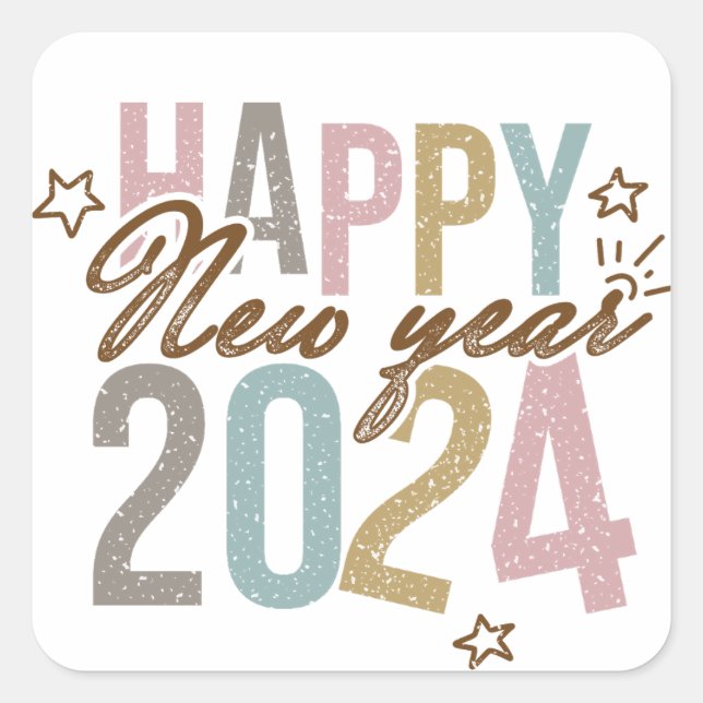 Sticker Carré 2024 Bonne année en couleurs rétro (Devant)