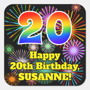 Sticker Carré 20e anniversaire : Fun Fireworks Look, Arc en ciel