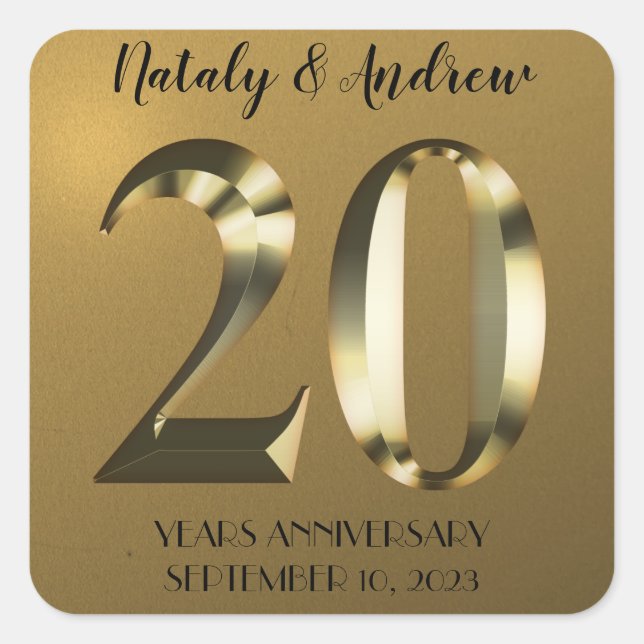 Sticker Carré 20e anniversaire Mariage d'or métallique (Devant)