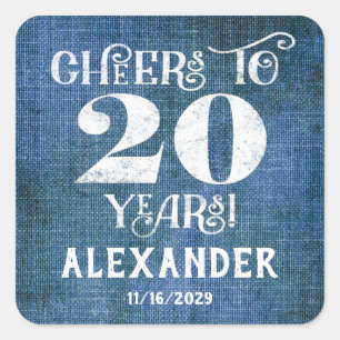 Sticker Carré 20e anniversaire Merci de lin bleu chic