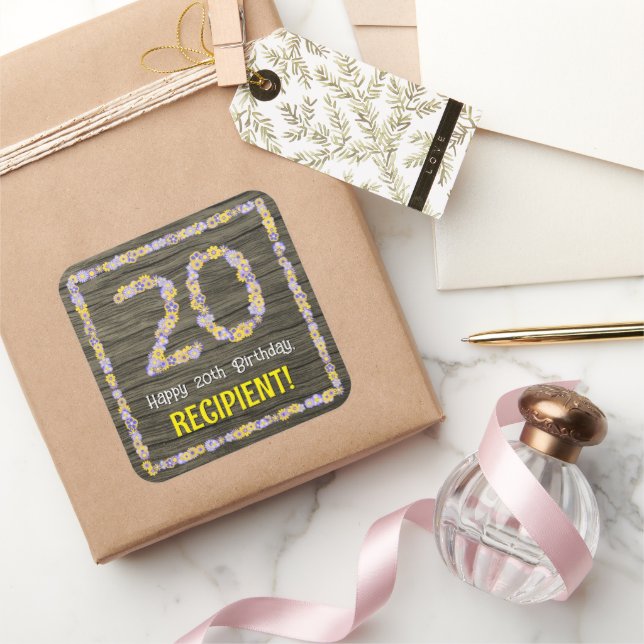 Sticker Carré 20e anniversaire : numéro floral, Faux Wood Look,  (Cadeaux)