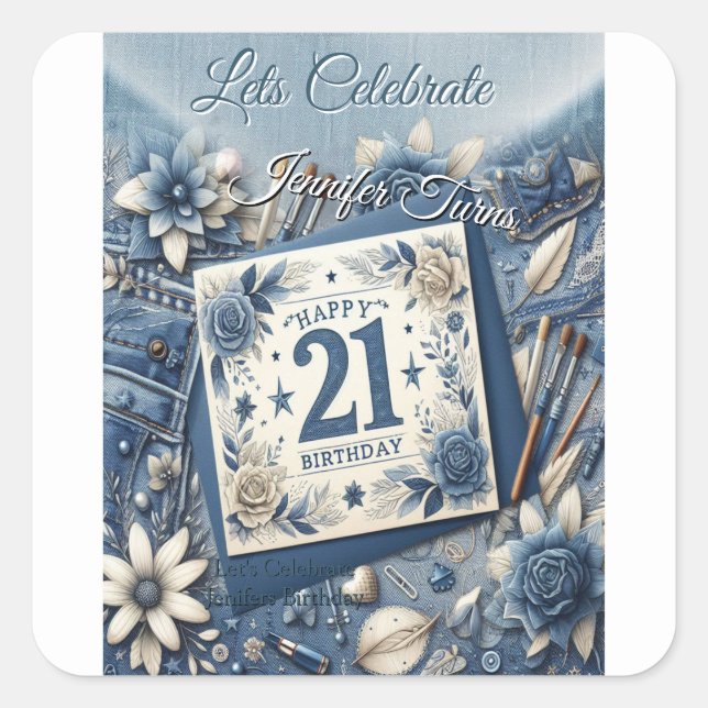 Sticker Carré 21e Anniversaire crème bleu fleur amande (Devant)