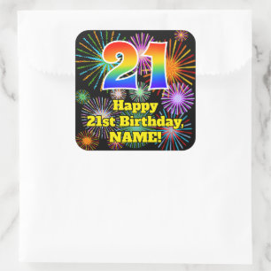 Sticker Carré 21e anniversaire : Fun Fireworks Look, Arc-en-ciel
