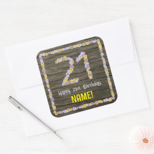 Sticker Carré 21e anniversaire : Numéro floral, Faux Wood Look, 