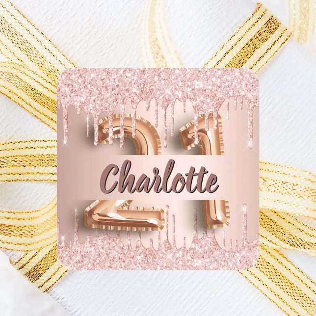 Sticker Carré 21e anniversaire rose parties scintillant or (Créateur téléchargé)