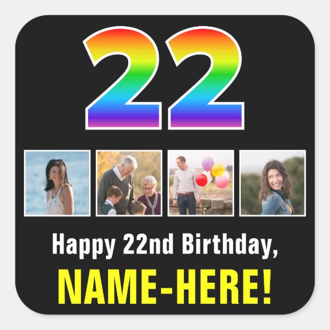 Sticker Carré 22e anniversaire : Arc-en-ciel "22"; photos et nom (Devant)