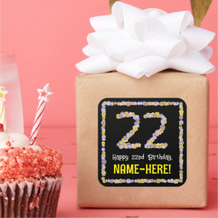 Sticker Carré 22e anniversaire : Floral Flowers Numéro, Nom pers