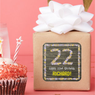Sticker Carré 22e anniversaire : numéro floral, Faux Wood Look, 