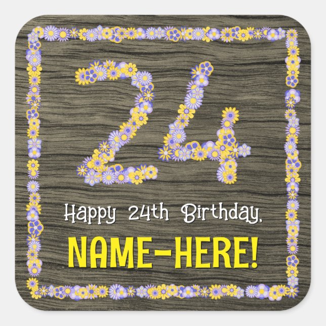 Sticker Carré 24e anniversaire : numéro floral, Faux Wood Look,  (Devant)