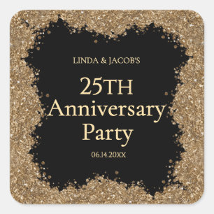 Sticker Carré 25e Anniversaire de Mariage Or Faux Paillettes