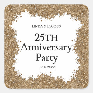 Sticker Carré 25e Anniversaire de Mariage Or Faux Paillettes 