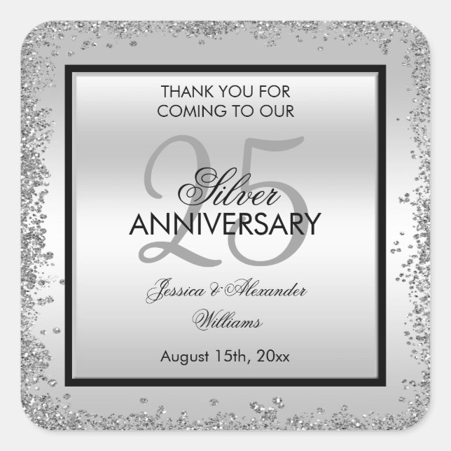 Sticker Carré 25e anniversaire du Mariage Glitzy Silver & Black (Devant)
