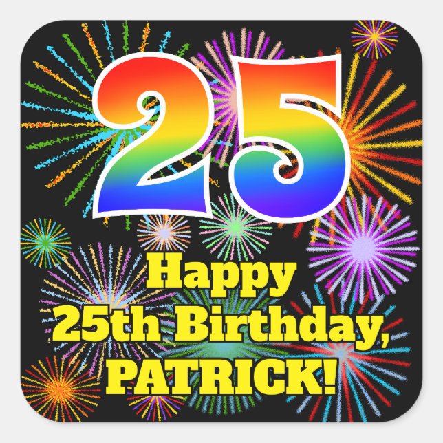 Sticker Carré 25e Birthday: Fun Fireworks Look, Rainbow # 25 (Devant)