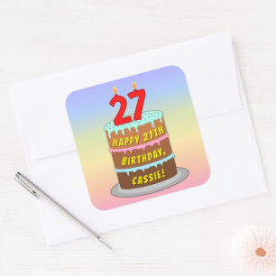 Sticker Carré 27e anniversaire : Gâteau et bougies amusants + No