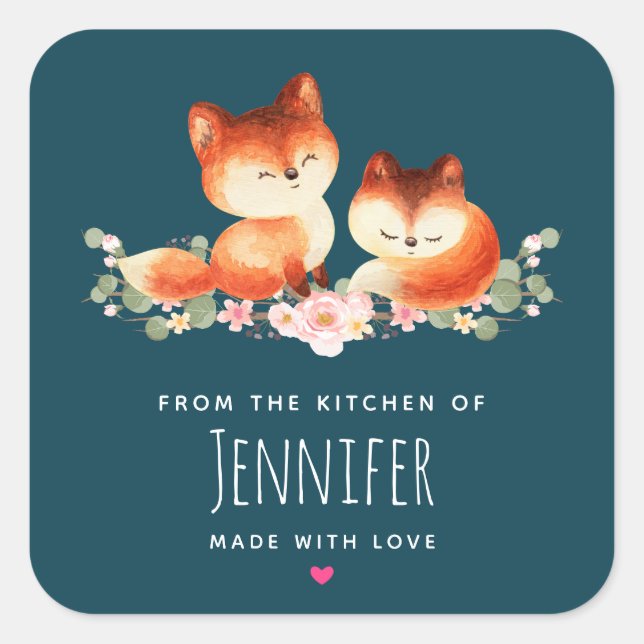 Sticker Carré 2 mignons Petits Renards Rouges Aquarelle Design C (Devant)