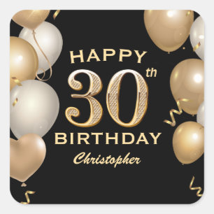 Sticker Carré 30e fête d'anniversaire Ballons noirs et or