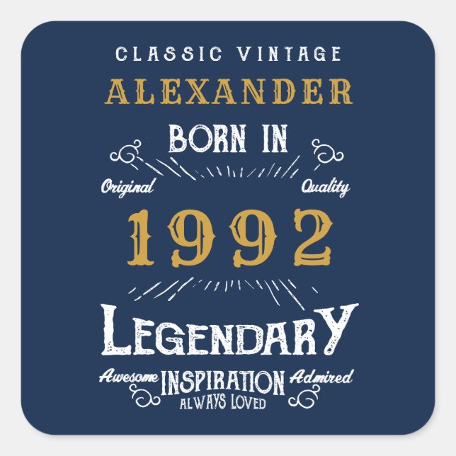 Sticker Carré 30th Birthday 1992 Ajouter Nom Legendary Blue Gold (Devant)