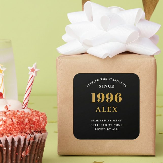 Sticker Carré 30th Birthday Name 1996 Black Gold Elegant Chic (Born 1996 sticker on a wrapped parcel.)