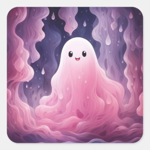 Sticker Carré 31 octobre Fantôme rose d'Halloween mignon