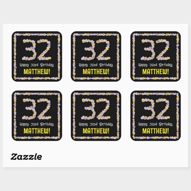 Sticker Carré 32e anniversaire : Floral Flowers Numéro, Nom pers (Feuille)