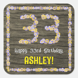 Sticker Carré 33e anniversaire : numéro floral, Faux Wood Look, 