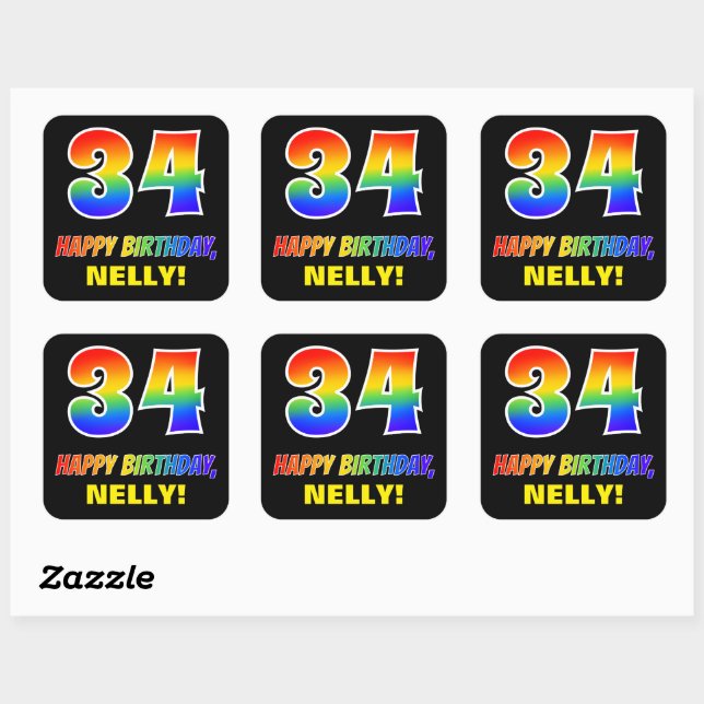 Sticker Carré 34e anniversaire : Bold, amusant, simple, arc-en-c (Feuille)