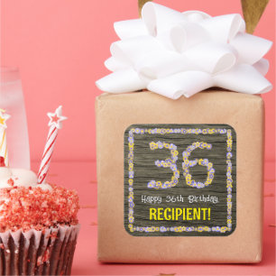 Sticker Carré 36e anniversaire : numéro floral, Faux Wood Look, 