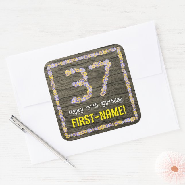 Sticker Carré 37e anniversaire : numéro floral, Faux Wood Look,  (Enveloppe)