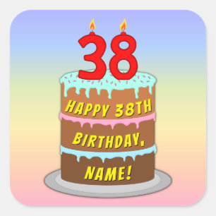 Sticker Carré 38th Birthday: Fun Cake and Candles + Custom Name
