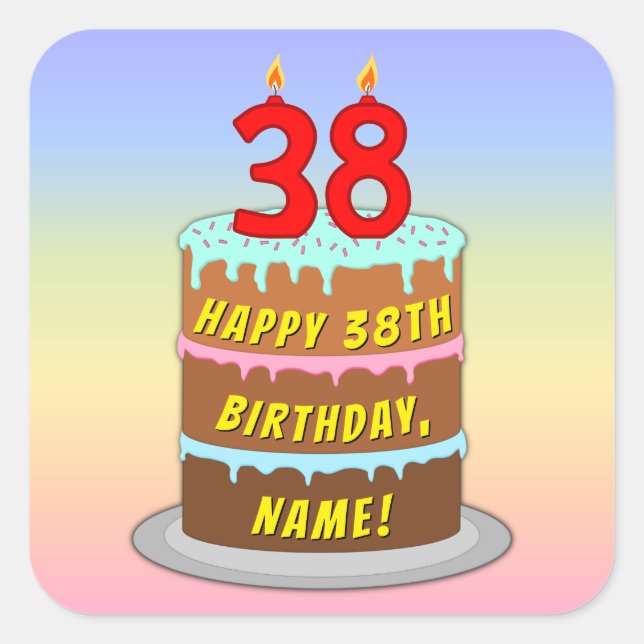 Sticker Carré 38th Birthday: Fun Cake and Candles + Custom Name (Devant)