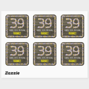 Sticker Carré 39e anniversaire : numéro floral, Faux Wood Look, 