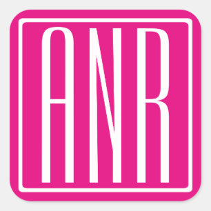 Sticker Carré 3 Initiales Monogramme Blanc sur rose chaud
