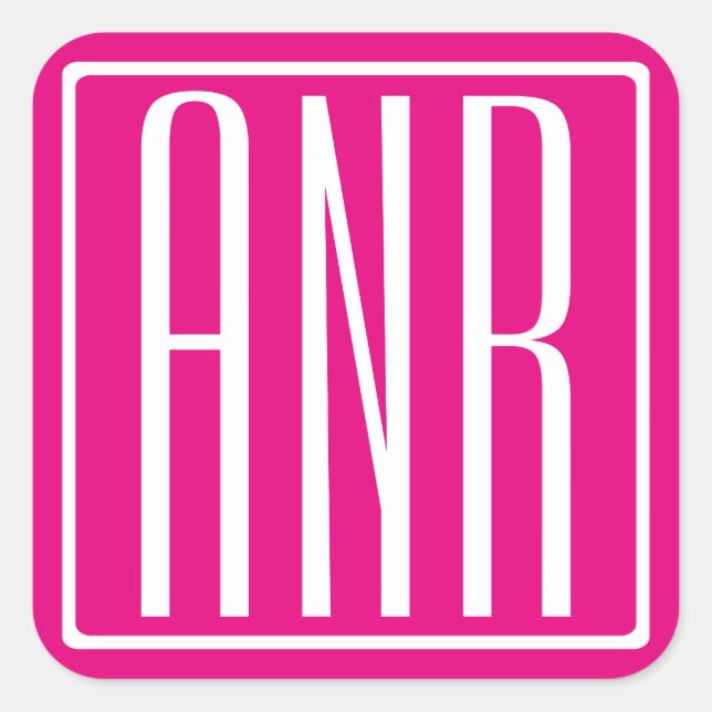 Sticker Carré 3 Initiales Monogramme | Blanc sur rose chaud (Devant)