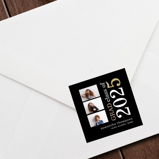 Sticker Carré 3 photo moderne White Gold Texte 2023 Graduation (Créateur téléchargé)