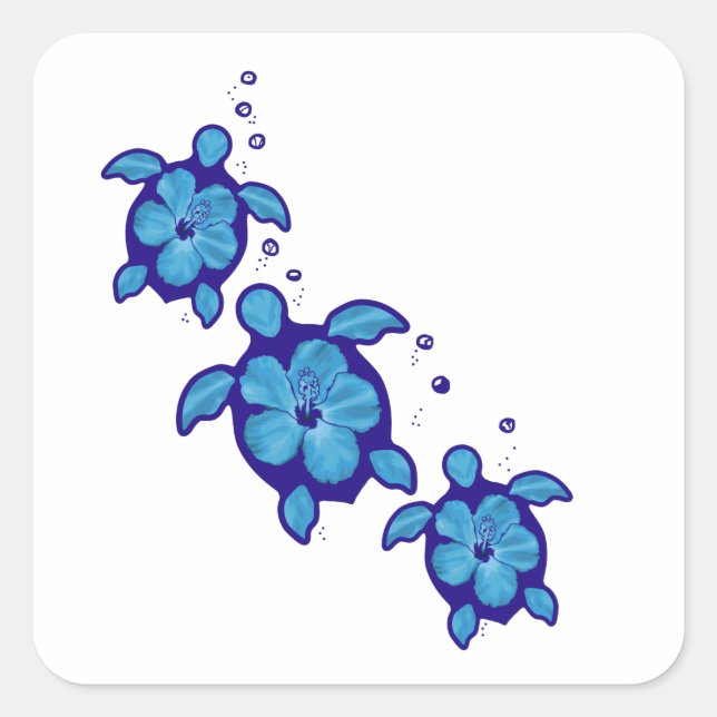 Sticker Carré 3 Tortues Honu Bleues (Devant)