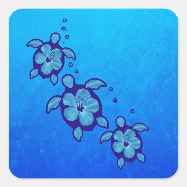 Sticker Carré 3 Tortues Honu Bleues (Devant)